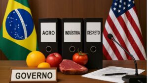 Mesa com bandeiras do Brasil e dos EUA, pastas rotuladas como agro, indústria e decreto, simbolizando a resposta brasileira às tarifas dos EUA contra o Brasil.