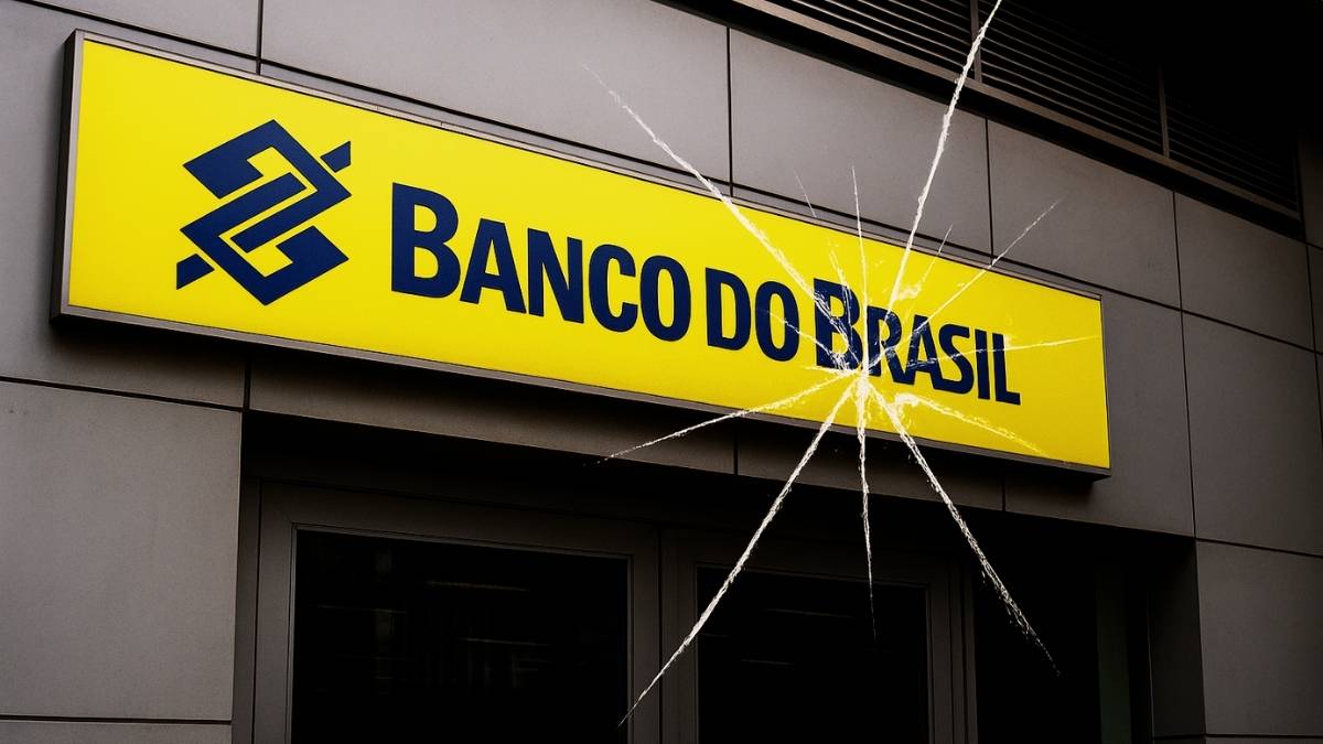 Fachada do banco com rachadura simbólica representando a dívida do agro no Banco do Brasil.