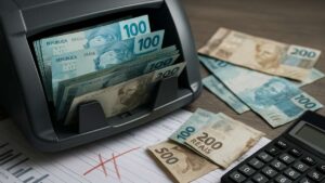 Golpe da recuperação tributária com contador de dinheiro e cédulas de R$ 100 e R$ 200