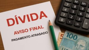 Aviso de dívida e notas de real sobre mesa ilustram a inadimplência das famílias no Brasil.