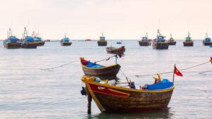 Barcos de pesca ancorados no mar durante o período de regras do seguro-defeso.