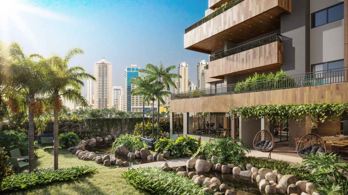 ESG no mercado imobiliário com áreas verdes em empreendimento residencial sustentável