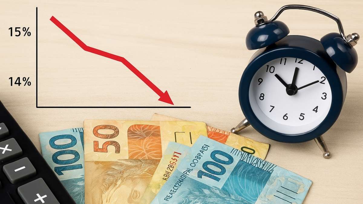 Gráfico mostra queda da Selic de 15% para 14% com notas de real