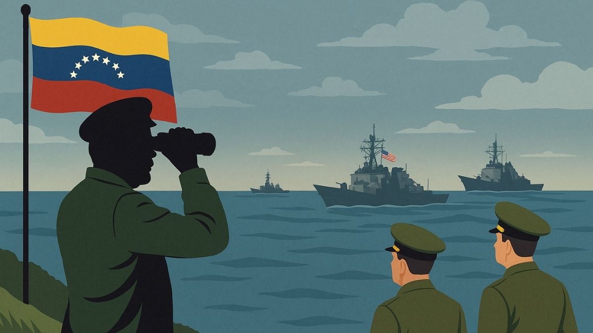Invasão da Venezuela pelos EUA em ilustração conceitual com militares observando navios americanos