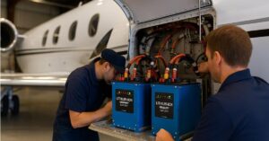 Baterias de íon-lítio para aeronaves sendo instaladas em jato executivo Gulfstream por técnicos em hangar