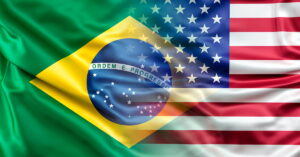 Bandeiras do Brasil e dos Estados Unidos simbolizam diálogo sobre o fim do tarifaço