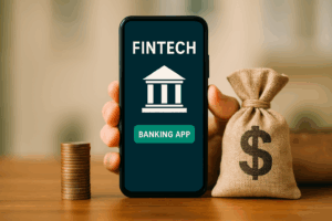 Aplicativo de fintech em smartphone ao lado de moedas e saco de dinheiro, representando modernização do serviço econômico, causa da redução do spread bancário no Brasil.