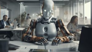 Visualização metafórica de como a IA ameaça empregos, com um robô trabalhando em um escritório.