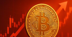 Imagem realista de uma moeda dourada de bitcoin em destaque, com gráfico ascendente ao fundo, representando a valorização do bitcoin hoje perto do recorde histórico.