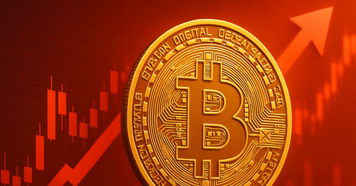 Imagem realista de uma moeda dourada de bitcoin em destaque, com gráfico ascendente ao fundo, representando a valorização do bitcoin hoje perto do recorde histórico.