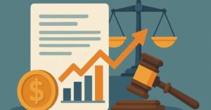 Ilustração representando recuperação judicial no Brasil, com martelo de juiz, balança e gráfico de crescimento