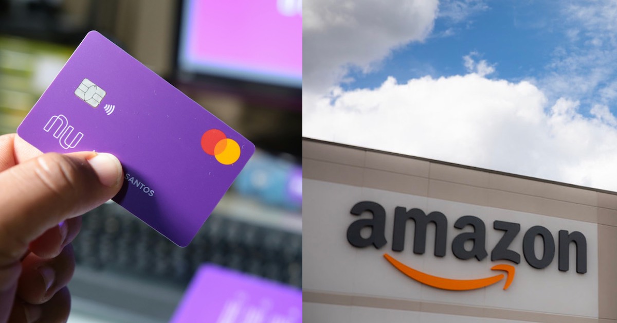 Cartão do Nubank e fachada da Amazon ilustram a parceria entre Nubank e Amazon no e-commerce brasileiro.