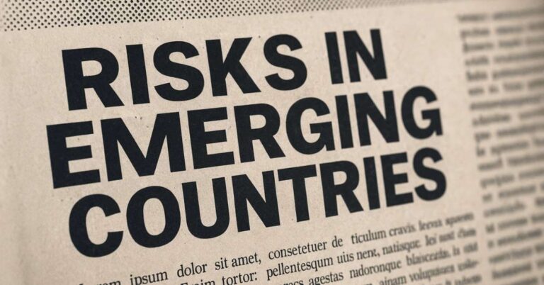 Riscos em mercados emergentes representados por manchete em inglês sobre risco nos países emergentes.