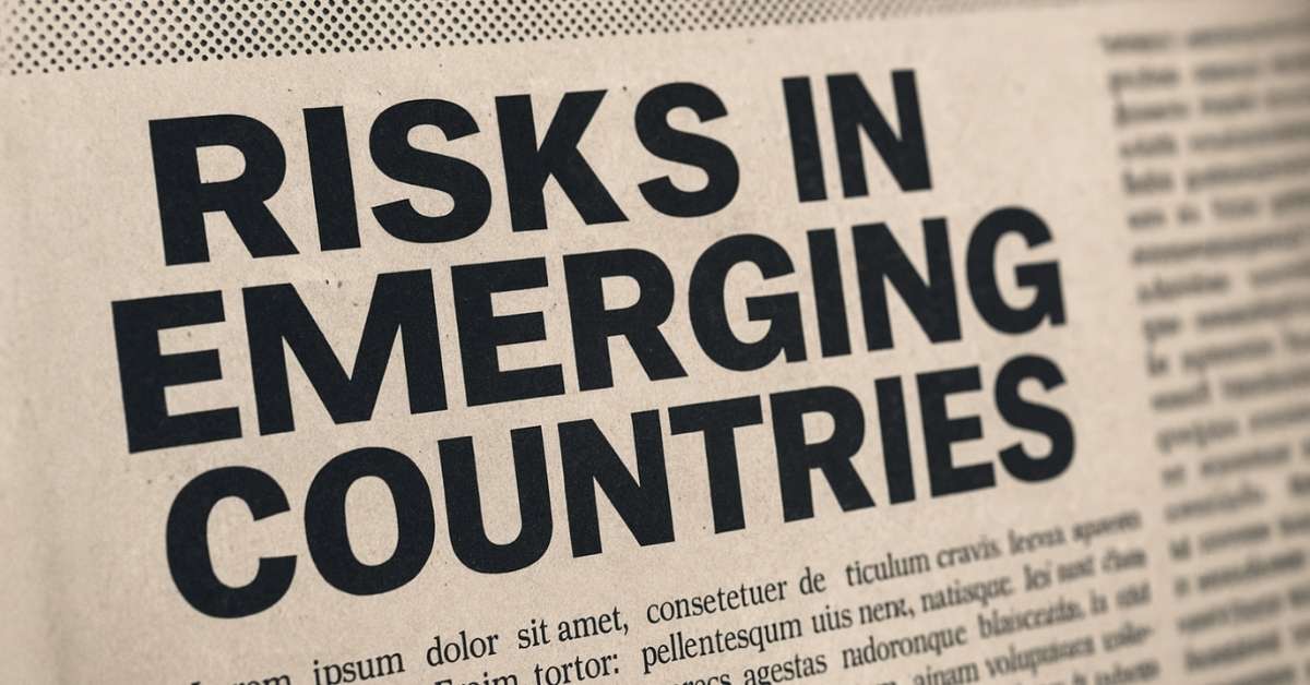 Riscos em mercados emergentes representados por manchete em inglês sobre risco nos países emergentes.