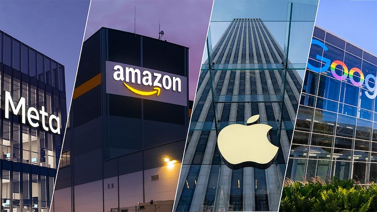 Logos das sedes Meta, Amazon, Apple e Google, representando as Big Techs na corrida por IA.