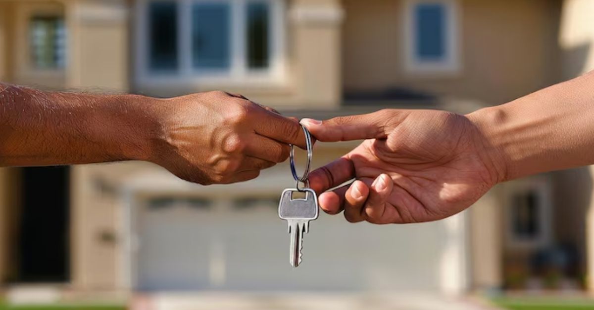 Chaves sendo entregues em frente a uma casa, simbolizando crédito imobiliário afetado pela projeção da Selic em 2026.