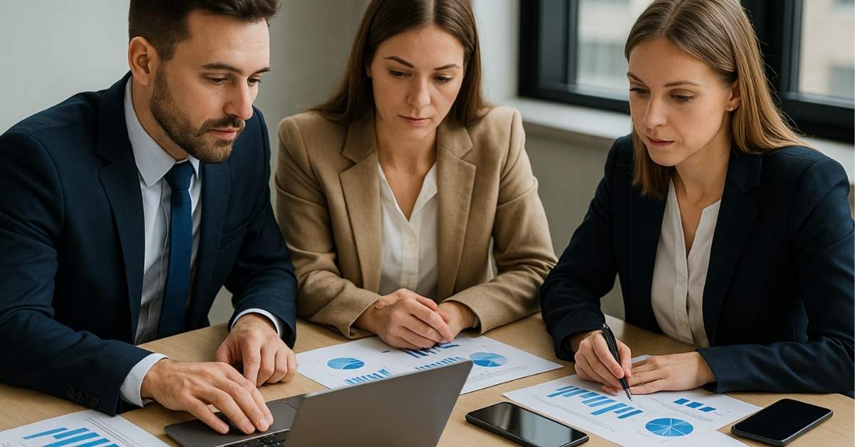 Executivos analisando dados fiscais durante a reforma tributária nas empresas