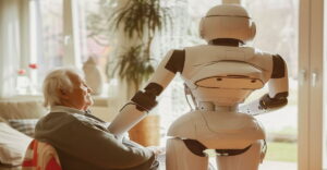 robôs cuidadores auxiliando idosos em ambiente doméstico