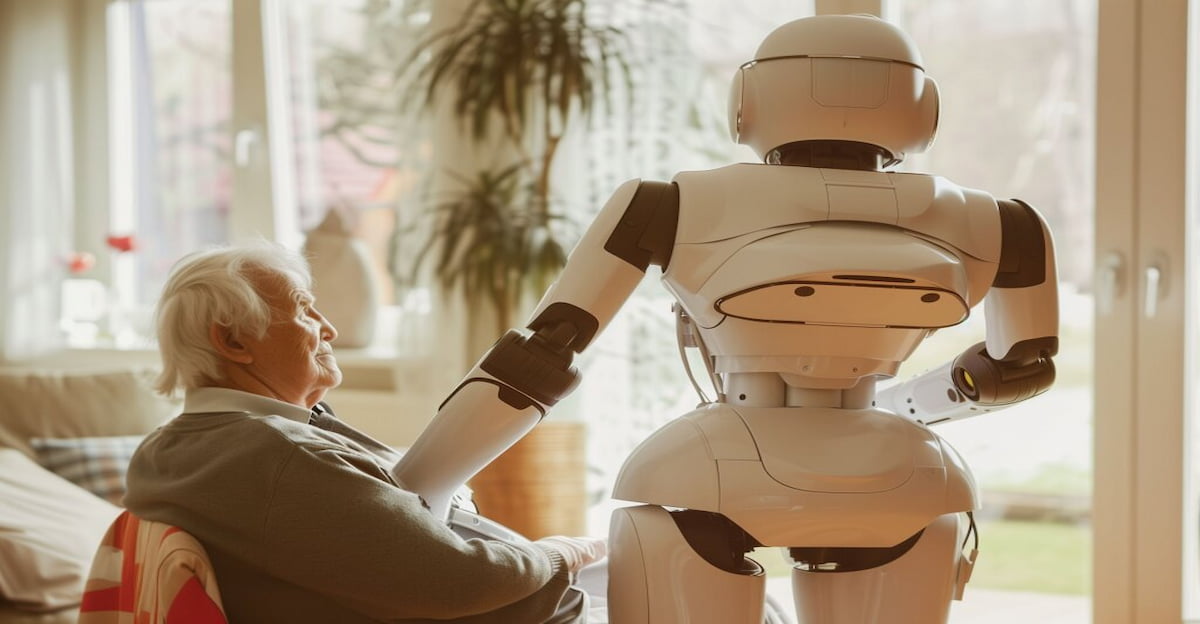 robôs cuidadores auxiliando idosos em ambiente doméstico