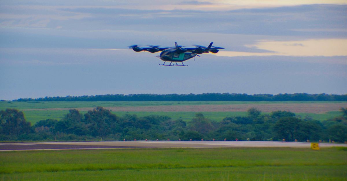 carro voador da Embraer em voo de teste da Eve em Gavião Peixoto