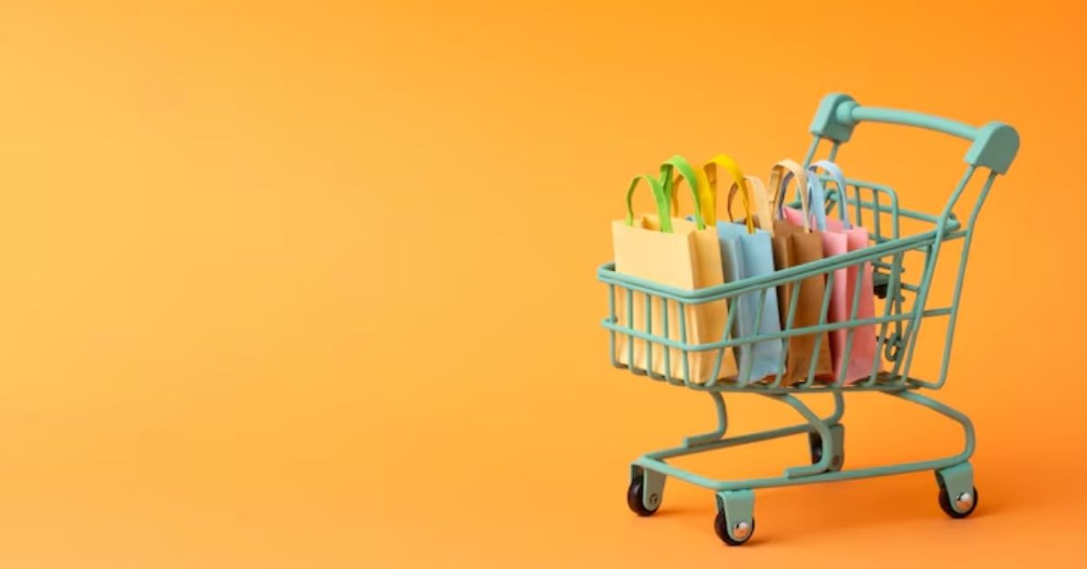 Gastos de Natal no varejo com carrinho de compras e sacolas coloridas