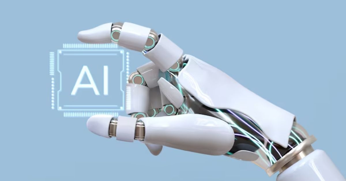 Mão robótica segurando ícone de inteligência artificial, representando avanços em IA, automação e tecnologia digital.