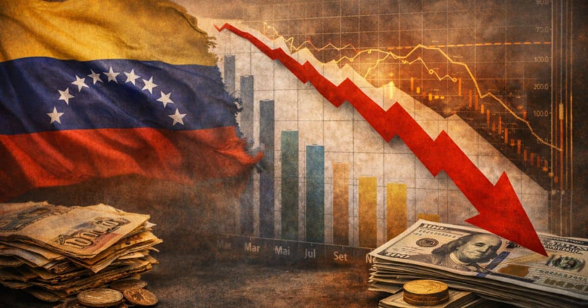 Bandeira da Venezuela e gráficos econômicos associados à queda do salário mínimo na Venezuela.