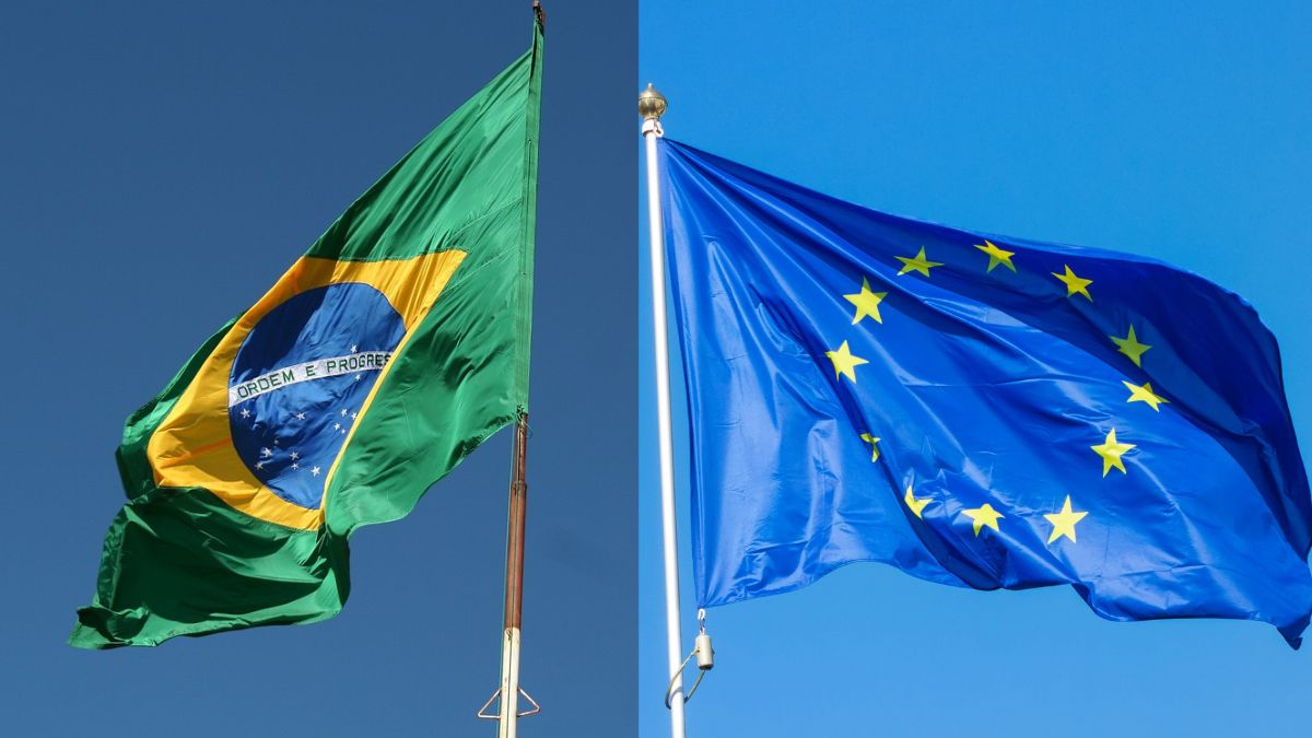 Imagem da bandeira do Brasil e da União Europeia para ilustrar uma matéria jornalística sobre a aprovação do Acordo do Mercosul com a União Europeia.