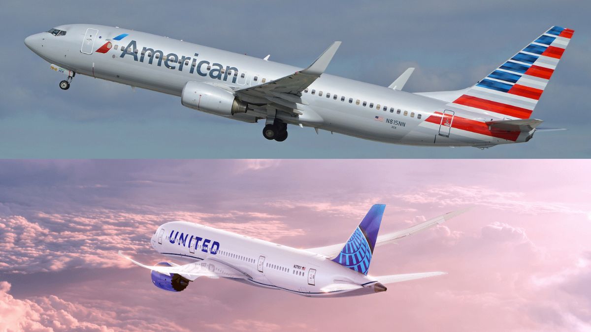Imagem de dois aviões, um da United e outro da American para ilustrar uma matéria jornalística sobre a recuperação judicial da Azul.