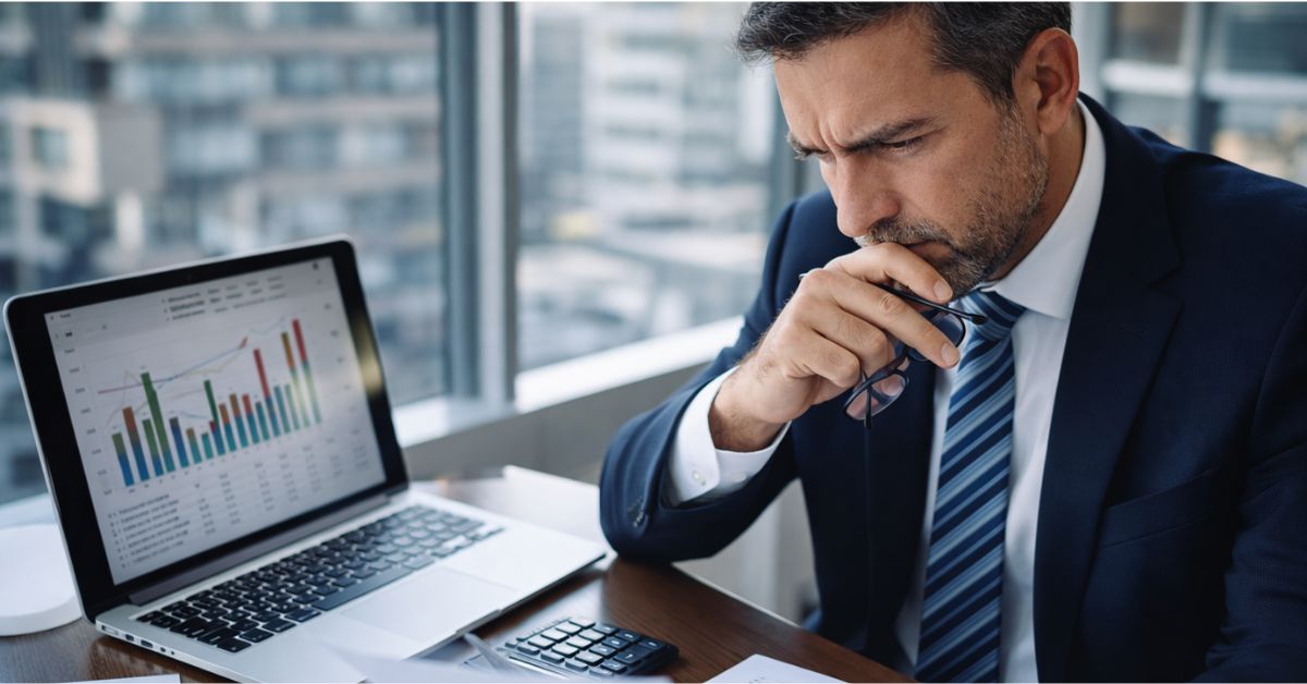 Executivo analisando dados financeiros com expressão séria em escritório, refletindo juros altos no Brasil e impacto no crédito em 2026