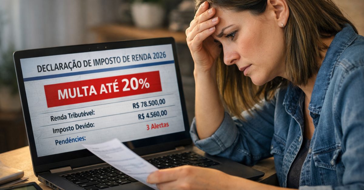 Contribuinte preocupado com multa de até 20% no Imposto de Renda 2026 ao preencher declaração no computador