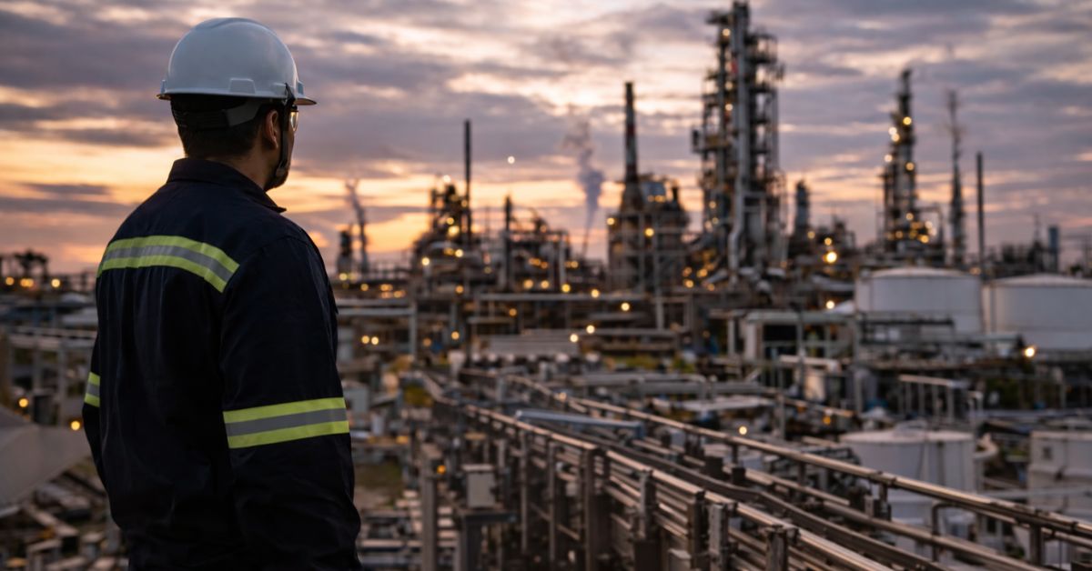 Trabalhador observa refinaria industrial ao entardecer, com estruturas e tubulações ao fundo