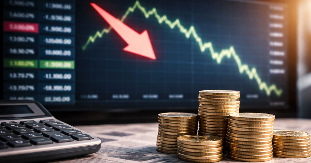 Moedas empilhadas ao lado de calculadora com gráfico de queda ao fundo representando redução de juros no Brasil