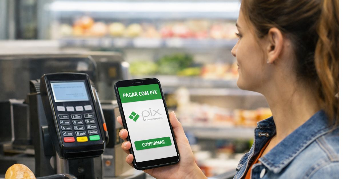 Pagamento com vale alimentação Pix em supermercado usando celular no caixa