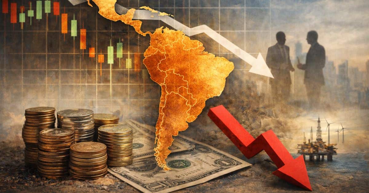 crescimento econômico América Latina 2026 com mapa da região e queda em gráfico