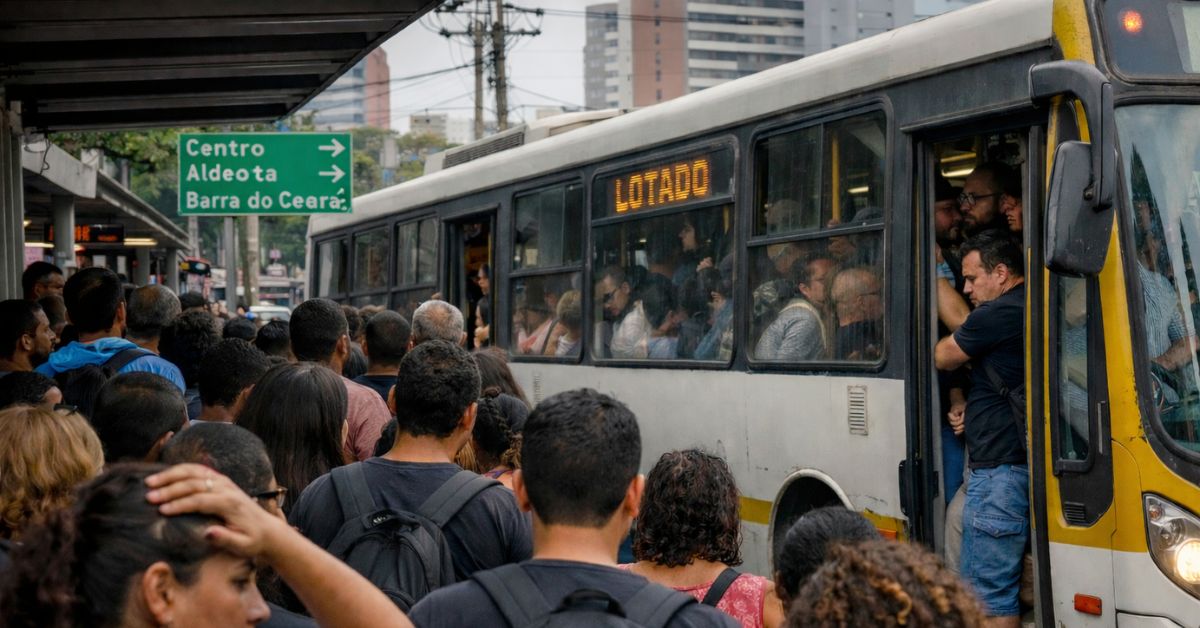 Ponto de ônibus lotado em Fortaleza com coletivo cheio e passageiros esperando em meio à crise no transporte público urbano