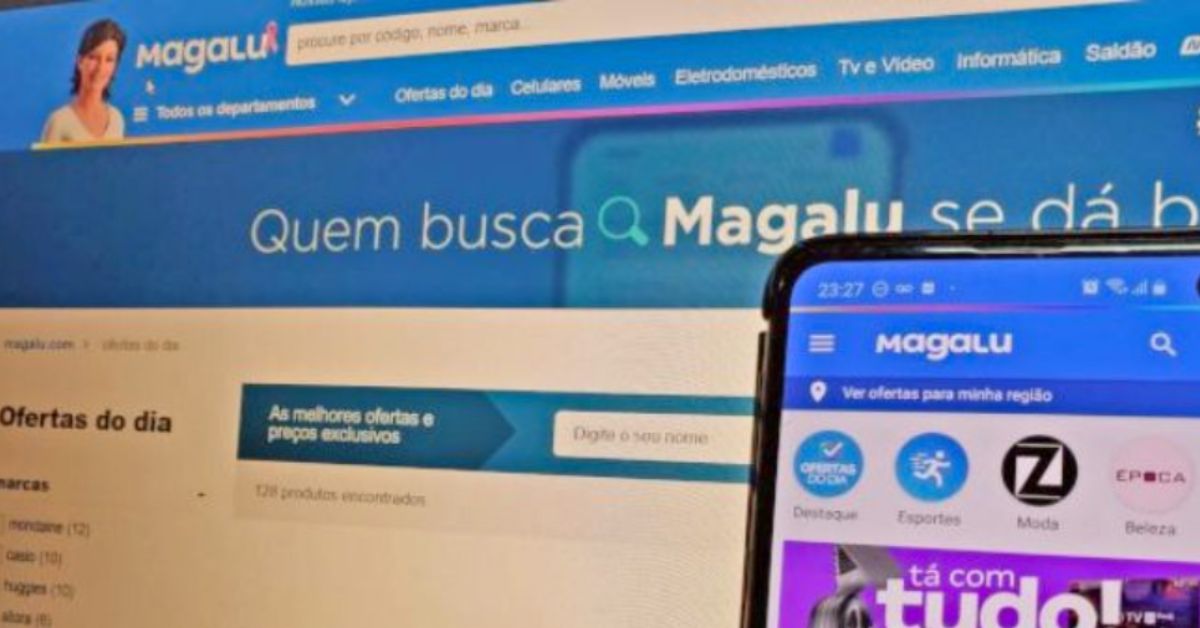 Tela do site e aplicativo do Magalu exibindo ofertas e navegação de marketplace