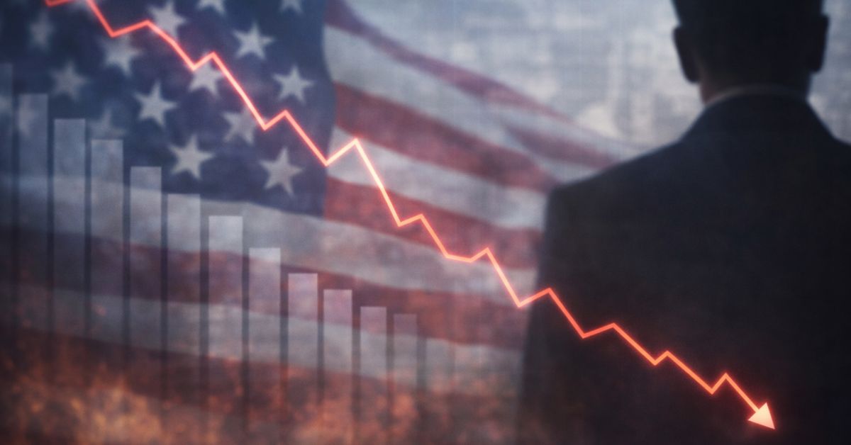 Gráfico em queda sobre fundo com bandeira dos Estados Unidos desfocada e silhueta de executivo
