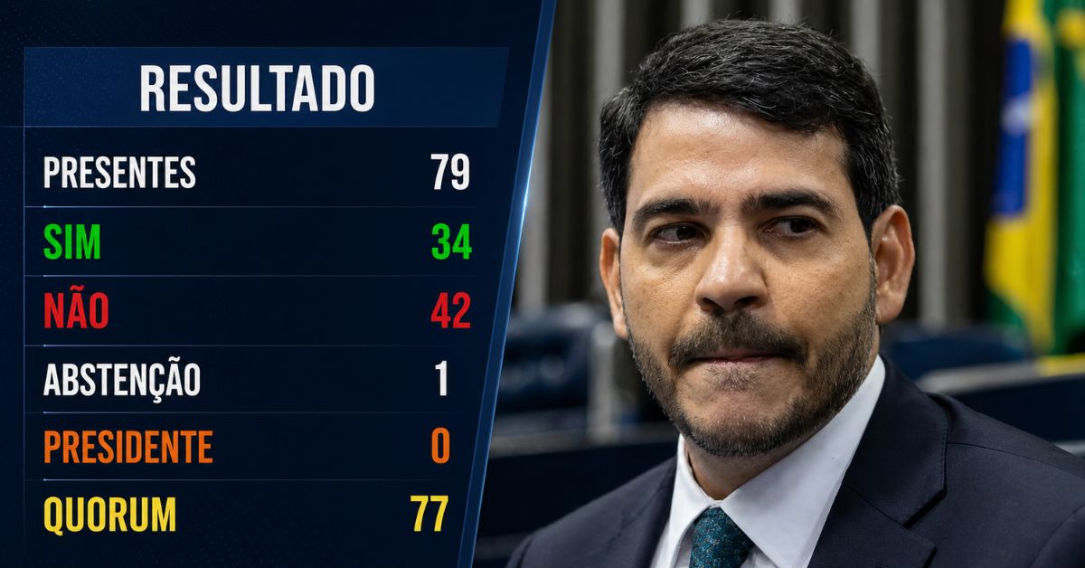 Placar da votação no Senado que rejeitou Jorge Messias para o STF por 42 votos contra 34, com imagem do indicado ao lado.