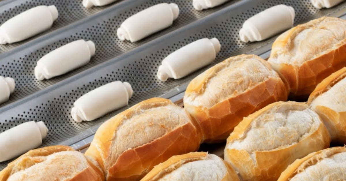 linha industrial de pão congelado sendo preparado para supermercados