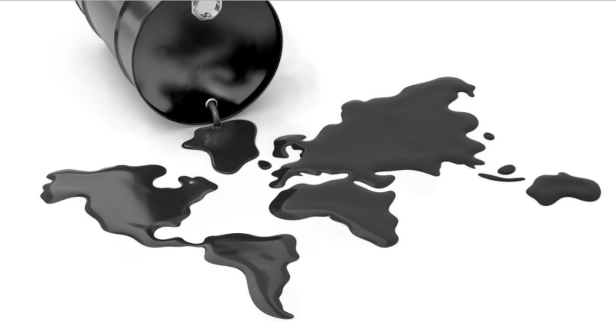 Barril de petróleo derramando óleo formando mapa global, simbolizando impacto do preço do petróleo
