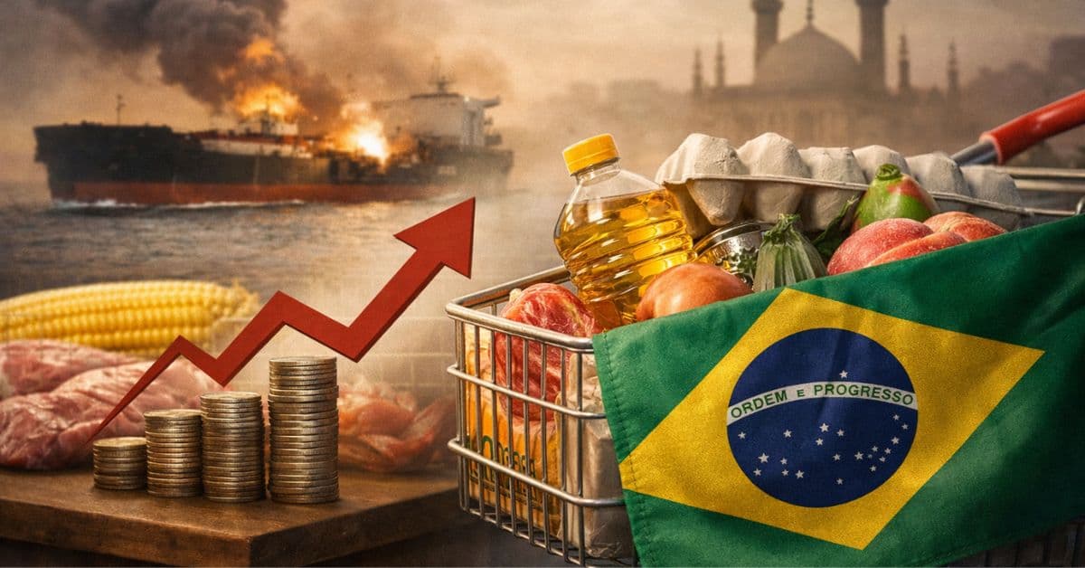 Carrinho de supermercado com alimentos e bandeira do Brasil diante de navio em chamas e gráfico de alta