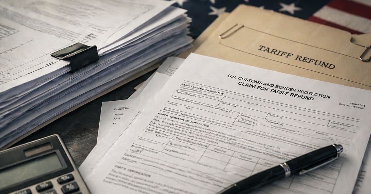 Pilha de documentos usada por empresas para solicitar reembolso de tarifas nos EUA