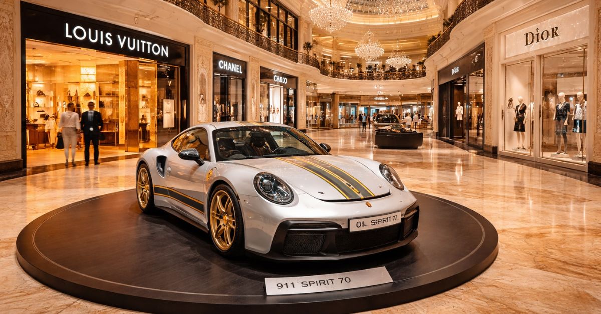 Impacto da guerra no setor de luxo com shopping de alto padrão em Dubai vazio e Porsche 911 exposto