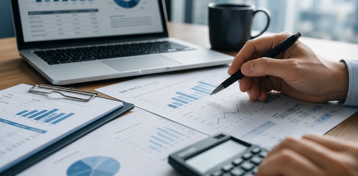 Análise de balanços financeiros com gráficos, relatórios e calculadora em ambiente corporativo