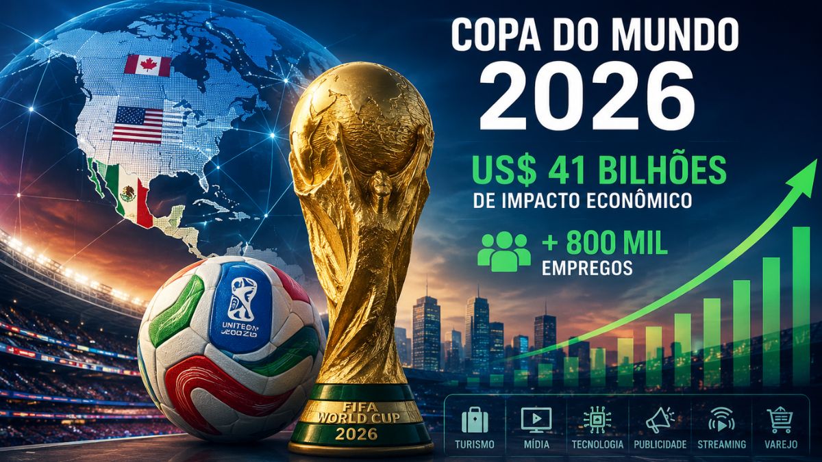 Imagem ilustrativa para uma matéria jornalística sobre o impacto econômico da Copa do Mundo de 2026.