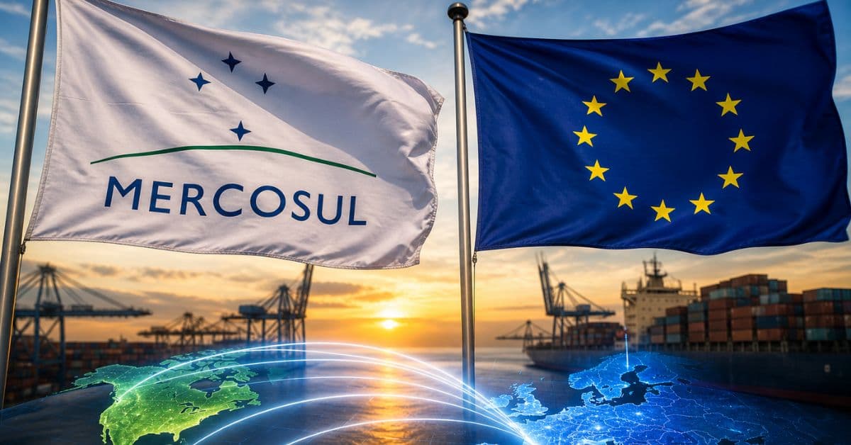 Bandeiras do Mercosul e da União Europeia em porto com navios de carga ao fundo, simbolizando acordo comercial e fluxo de exportações entre os blocos.