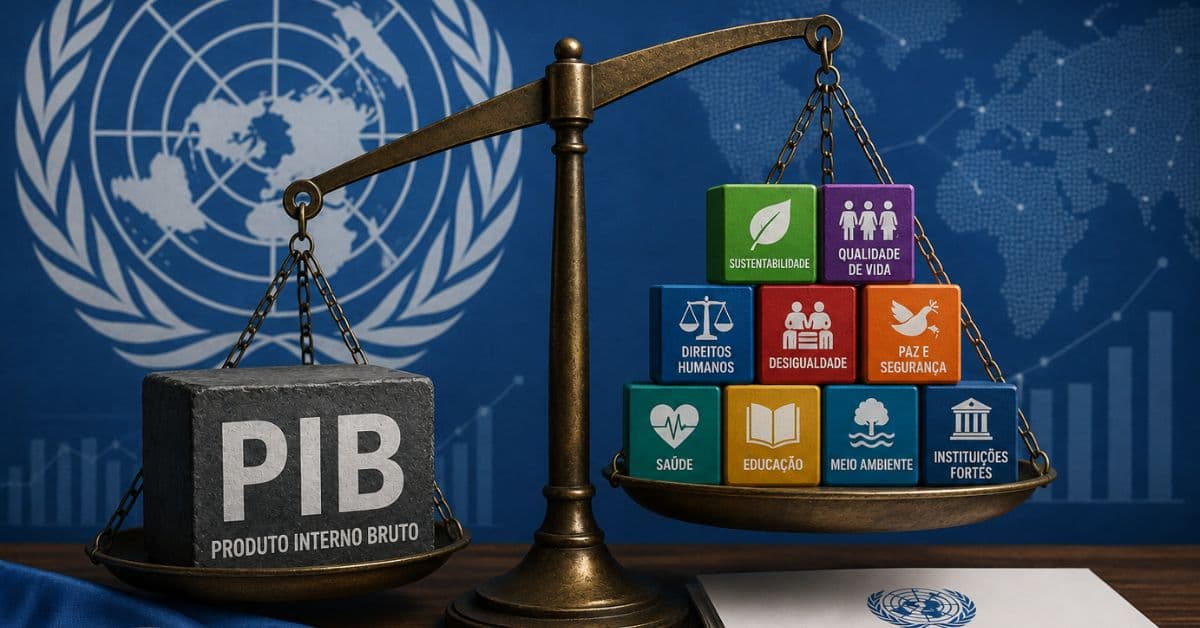 Balança simbólica compara o PIB tradicional com indicadores sociais e ambientais em imagem inspirada na ONU representando alternativa ao PIB