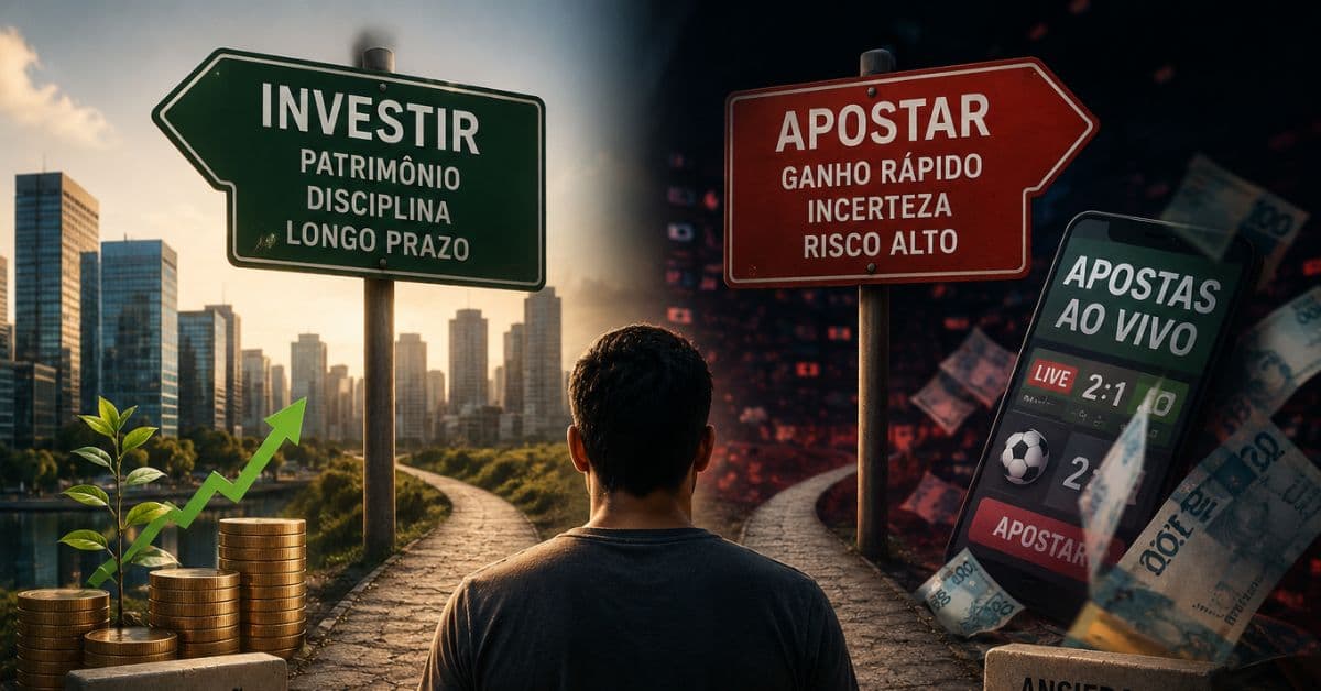 Homem observa divisão entre investir e apostar em imagem sobre concentração financeira e avanço das bets no Brasil.