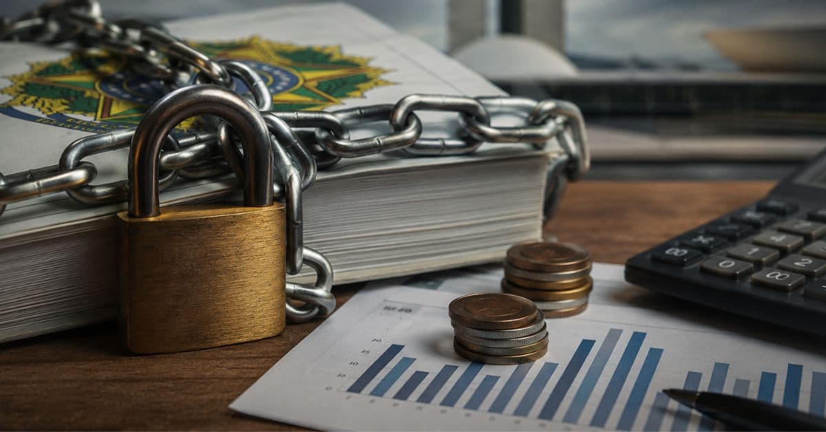 Documentos do orçamento federal presos por correntes e cadeado sobre uma mesa, com moedas, calculadora e gráficos financeiros ao fundo.